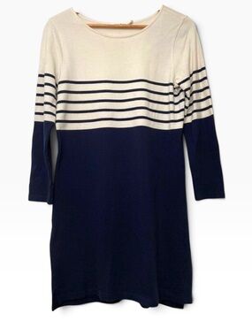 Nice Things Paloma dress 100% cotton navy blue ecru white/off white stripe small